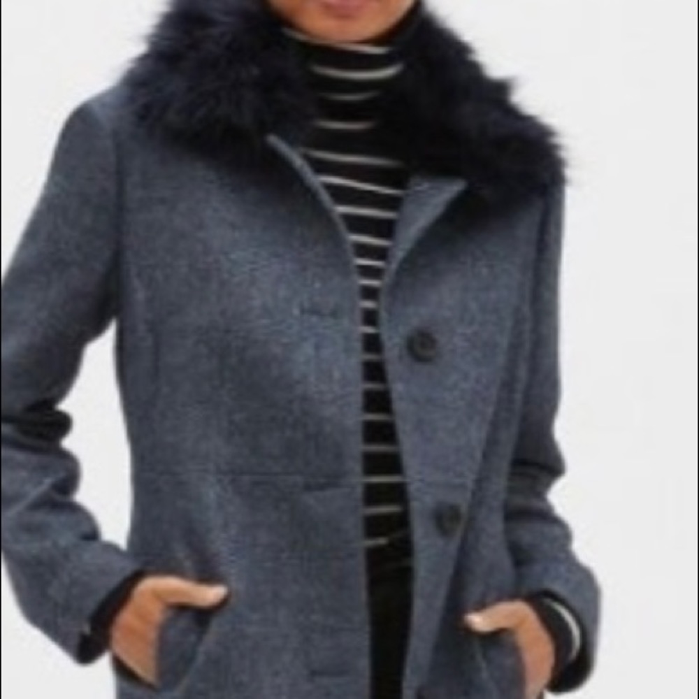 NWT Banana Republic Navy Blue Faux Fur Collar Coat